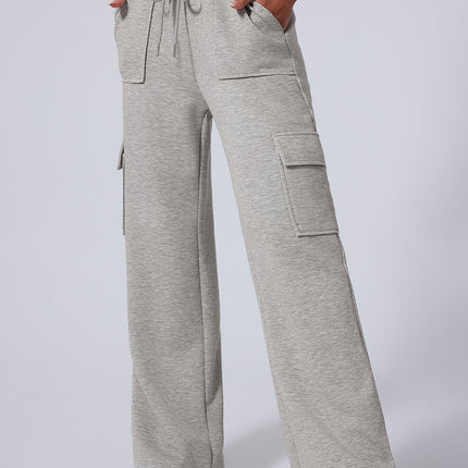 Light Grey Multi Pockets Lace-up High Waist Wide Leg Workout Pants