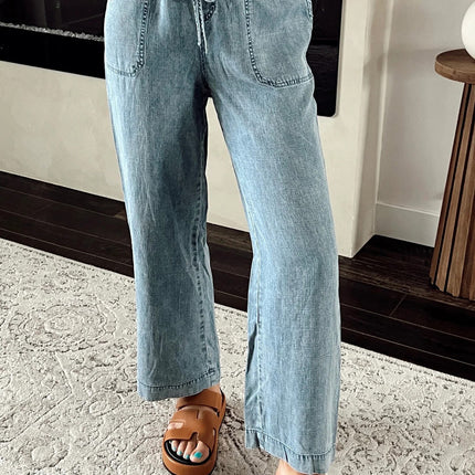 Myosotis Mineral Wash Drawstring Elastic Waistband Loose Straight Denim Pants