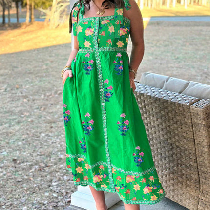 Green Floral Print Contrast Trim Knotted Straps Midi Dress
