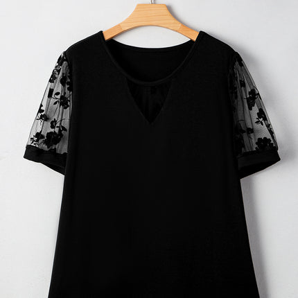 Black Floral Mesh Patchwork Loose V Neck Plus Size T Shirt
