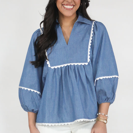 Dusk Blue Lace Ric Rac 3/4 Puff Sleeve Collared Babydoll Blouse