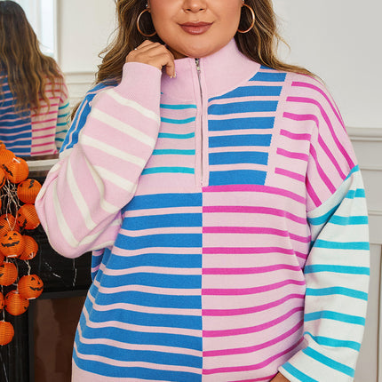 Sky Blue Stripe Colorblock Patchwork Plus Size Half Zip Sweater