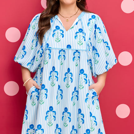 Sky Blue Floral Striped Bubble Short Sleeve Plus Size Dress