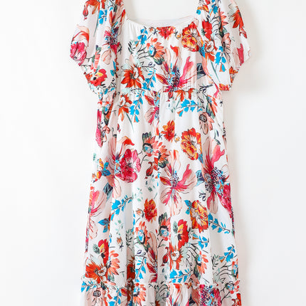White Floral Square Neck Puff Sleeve Flowy Plus Size Midi Dress