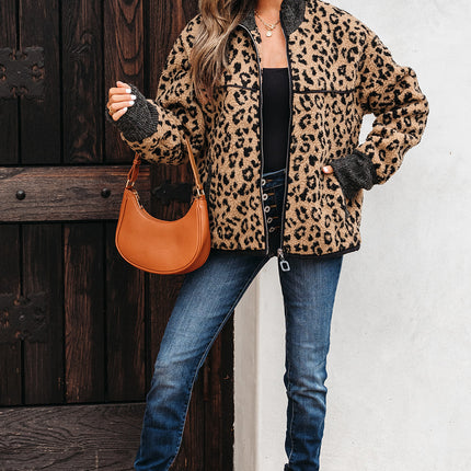 Khaki Leopard Print Zip Up Stand Neck Side Pocket Jacket