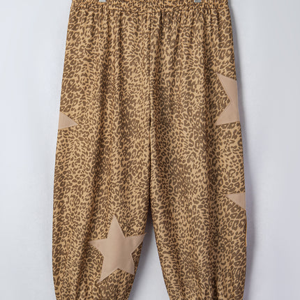 Khaki Plus Size Leopard Print Western Star Patched Jogger Pants