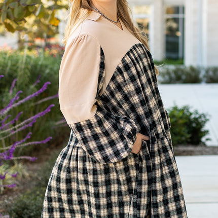 Black Plaid Waffle Knit Patchwork Collared V Neck Plus Size Mini Dress