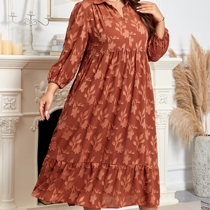 Cinnamon Plus Size Textured 3D Flower Pattern Ruffle Hem 3/4 Sleeve Long Dress