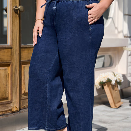 Real Teal Plus Size Drawstring High Waist Wide Leg Casual Jeans