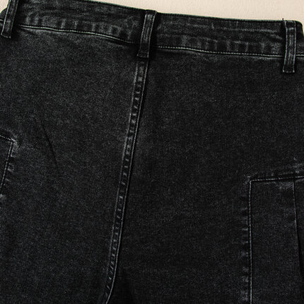 Dark Grey Pleated Wide Leg Mineral Wash Denim Pants
