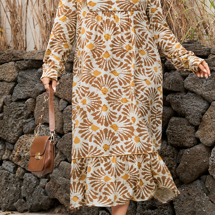 Khaki Abstract Plant Print Loose Plus Size Long Dress