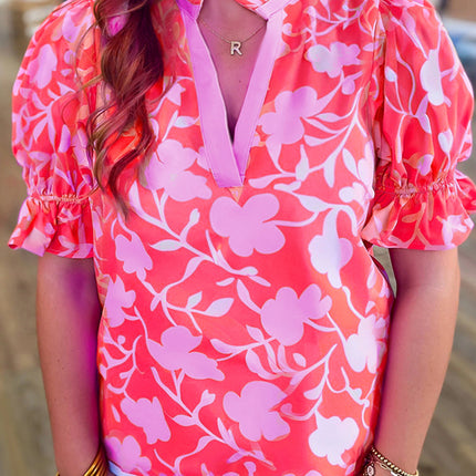 Red Floral Split V Neck Ruffled Short Sleeve Blouse Top