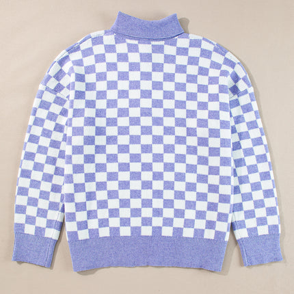 Purple Checkered Collared Buttons Plus Size Sweater