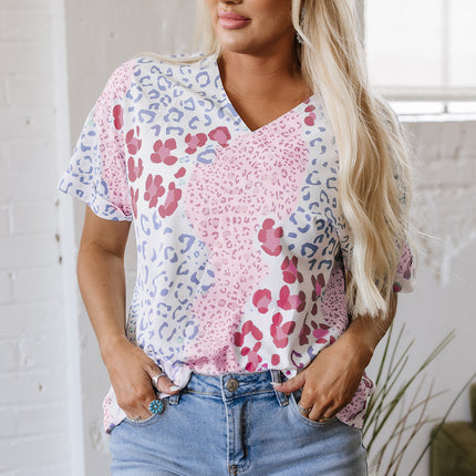 Pink Mixed Leopard Print V Neck Short Sleeve Blouse