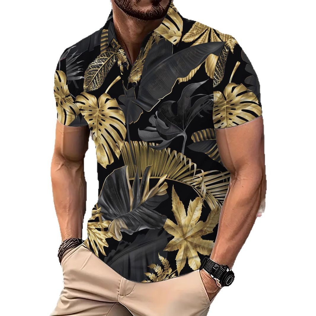 Men's Printed Gold Tropical Plant Pattern Short Sleeve Fashion Printed Shirt