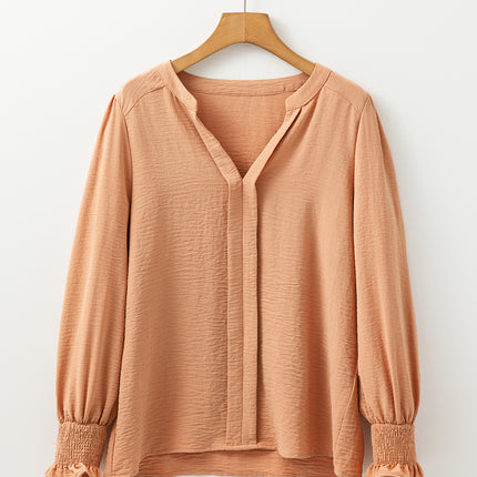 Straw Yellow Solid Color Shirred Cuff Notch V Neck Blouse