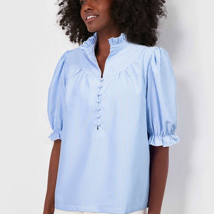 Sky Blue Stripe Ruffled Collar Puff Sleeve Half Buttons Blouse