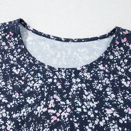 Blue Floral Color Block Patchwork Ruffled Hem Round Neck Blouse