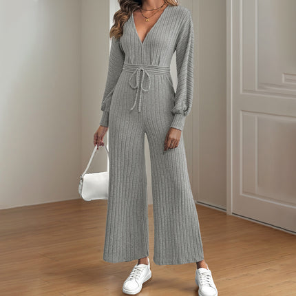 V-neck Lace-up Batwing Sleeve Solid Color Wide Leg Jumpsuit