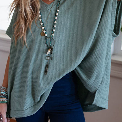 Moonlight Jade Oversized Ribbed Knit V Neck Dolman Short Sleeve Top