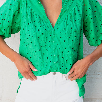 Green Flower Embroidered Hollow-out Puff Sleeve Blouse