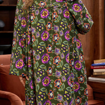 Green Plus Size Floral Print Collared V Neck Loose Mini Dress