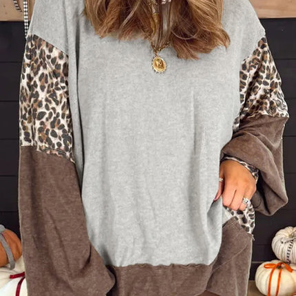 Gray Plus Size Leopard Color Block Patchwork Dolman Sweatshirt