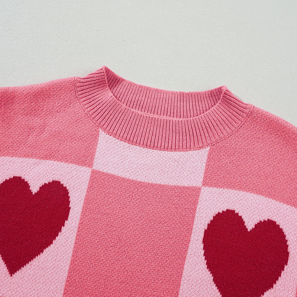 Pink Plus Size Love Heart Block Mock Neck Lantern Sleeve Valentine Sweater