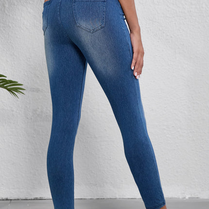 Navy Blue Skinny Elastic Waist Ankle Length Mid Waist Jeggings with Pockets