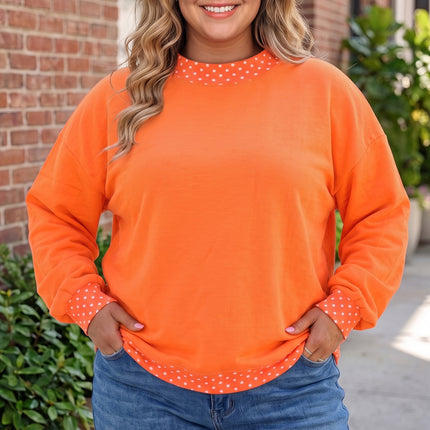Orange Polka Dot Patchwork Round Neck Plus Size Sweatshirt