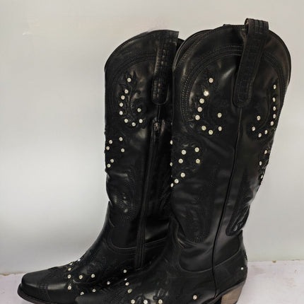 Embroidered Rhinestone Thick High Heel Side Zipper High-top Boots