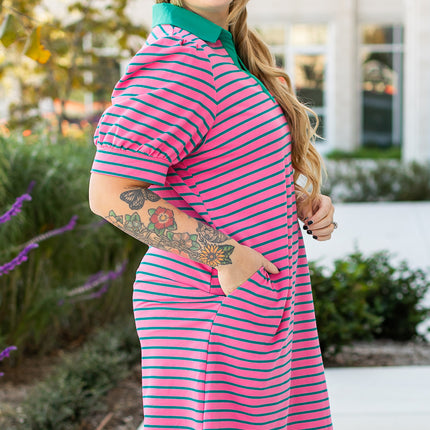 Rose Stripe Collared V Neck Puff Sleeve Shift T Shirt Dress with Pockets