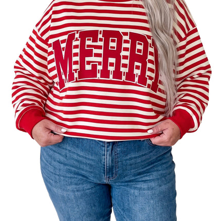 Red Stripe Plus Size MERRY Festive Letter Embroidery Patched Graphic Pullover Sweatshirt