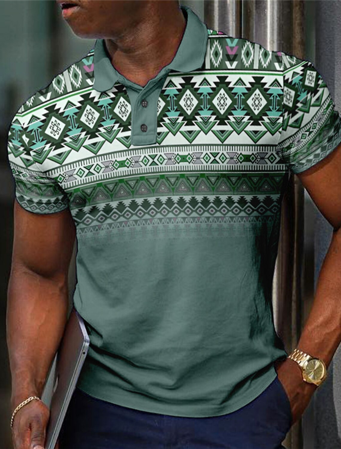 Pattern Button Short Sleeved Polo Shirt