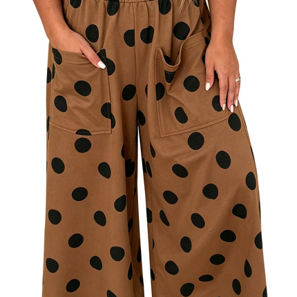 Khaki Polka Dot Elastic Waist Wide Leg Plus Size Pants