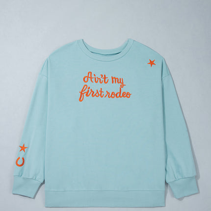 Haze Blue Letter Print Round Neck Loose Fit Long Sleeve Plus Size Sweatshirt