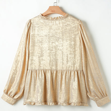 Gold Metallic Frilled V Neck Puff Sleeve Babydoll Blouse
