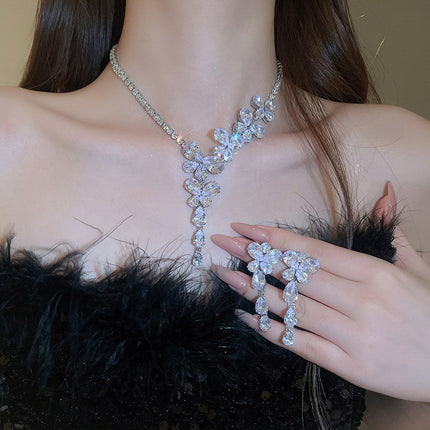 Silver Needle Zircon Butterfly Tassel Earrings And Necklace Set