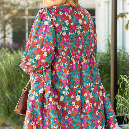 Sky Blue Plus Size Floral Print Shirred Ruffle Tiered Mini Dress