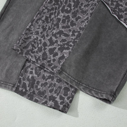Dark Grey Plus Size Leopard Patchwork Mineral Wash Wide Leg Pants