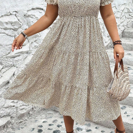 Beige Plus Size Leopard Print Frill Trim Short Sleeve Flared Dress