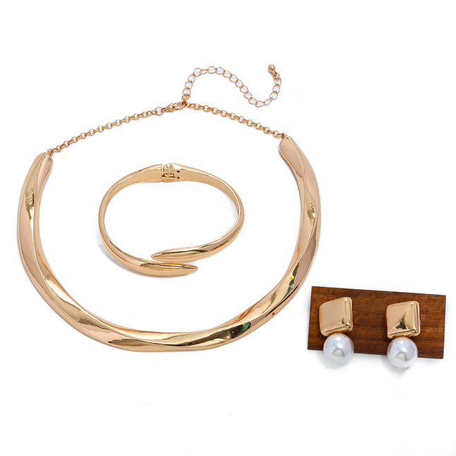 Women's Statement Necklace Geometric Wave Design Pearl Earrings And Bracelet