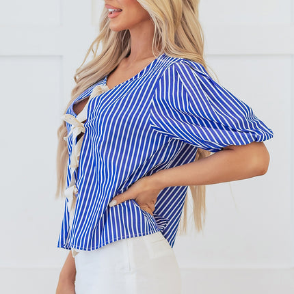 Blue Stripe Tied Front Puff Short Sleeve Blouse