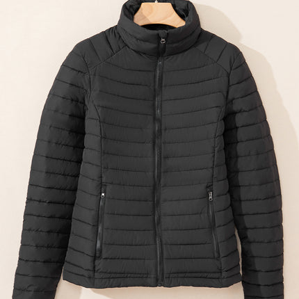 Black Solid Color Quilted Zip-up Puffer Jacket
