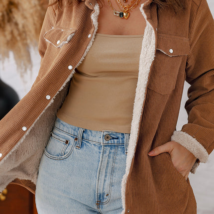 Cinnamon Fleece Lined Buttoned Flap Pockets Corduroy Jacket