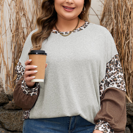 Gray Plus Size Leopard Color Block Patchwork Dolman Sweatshirt