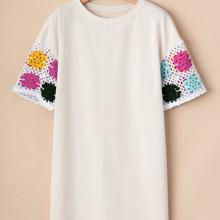 White Floral Crochet Splicing Sleeve T Shirt Dress
