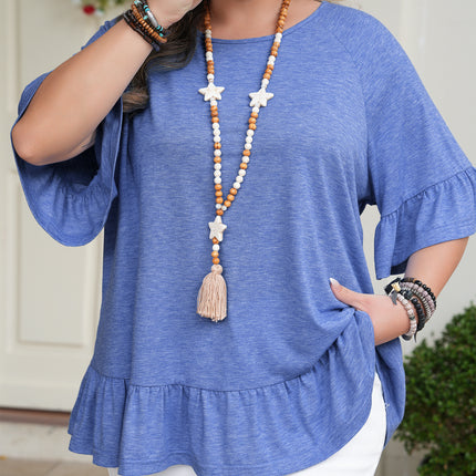 Dusk Blue Ruffled Short Sleeve Plus Size Casual Blouse