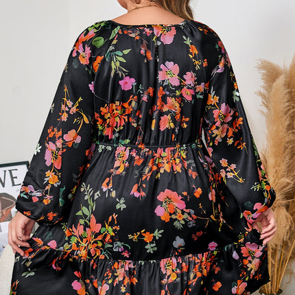 Black Plus Size Floral Print Tie Neck Cinched Waist Long Sleeve Mini Dress