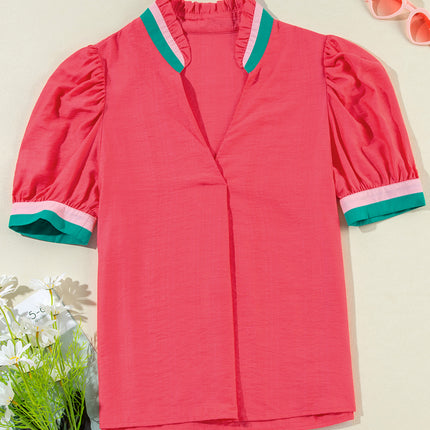 Carrot Colorful Trim V Neck Short Sleeve Blouse